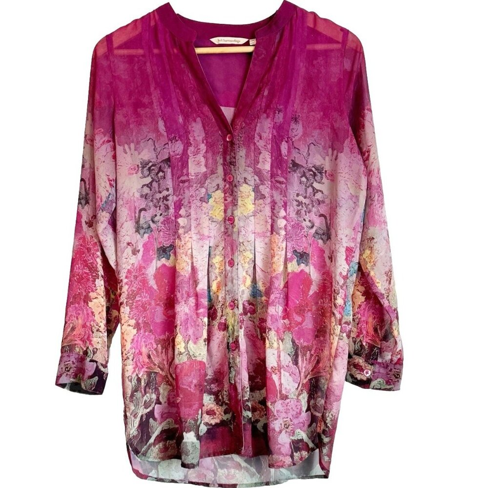 Soft Surroundings Pink Sheer Tropical Floral Top Women’s Small Button Up